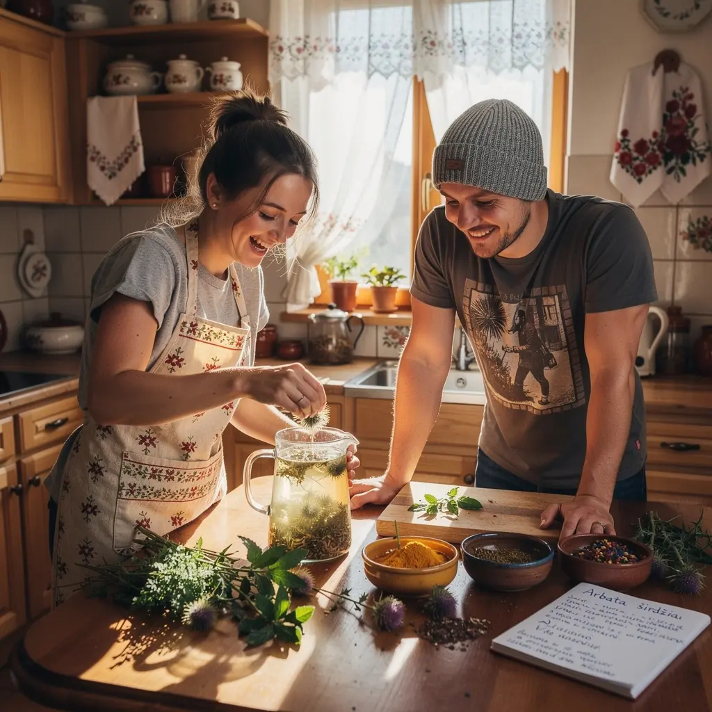 Arbatos ingredientai, įskaitant pieno usnį, vaistažoles ir prieskonius, pavaizduoti ant natūralaus medžio stalo.