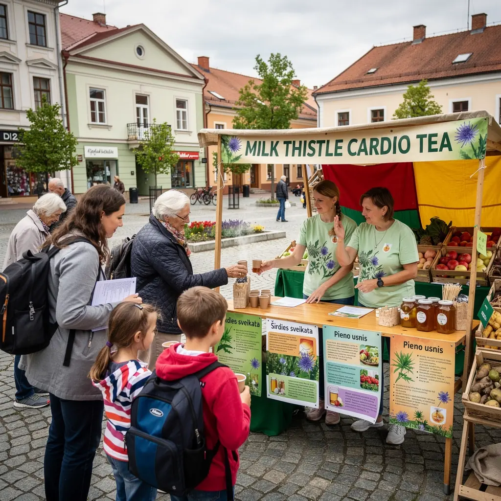 Arbatos puodelis su šviežiais Pieno dyglių lapais ir širdį stiprinančiais priedais, išdėstyti ant šviesaus stalo.