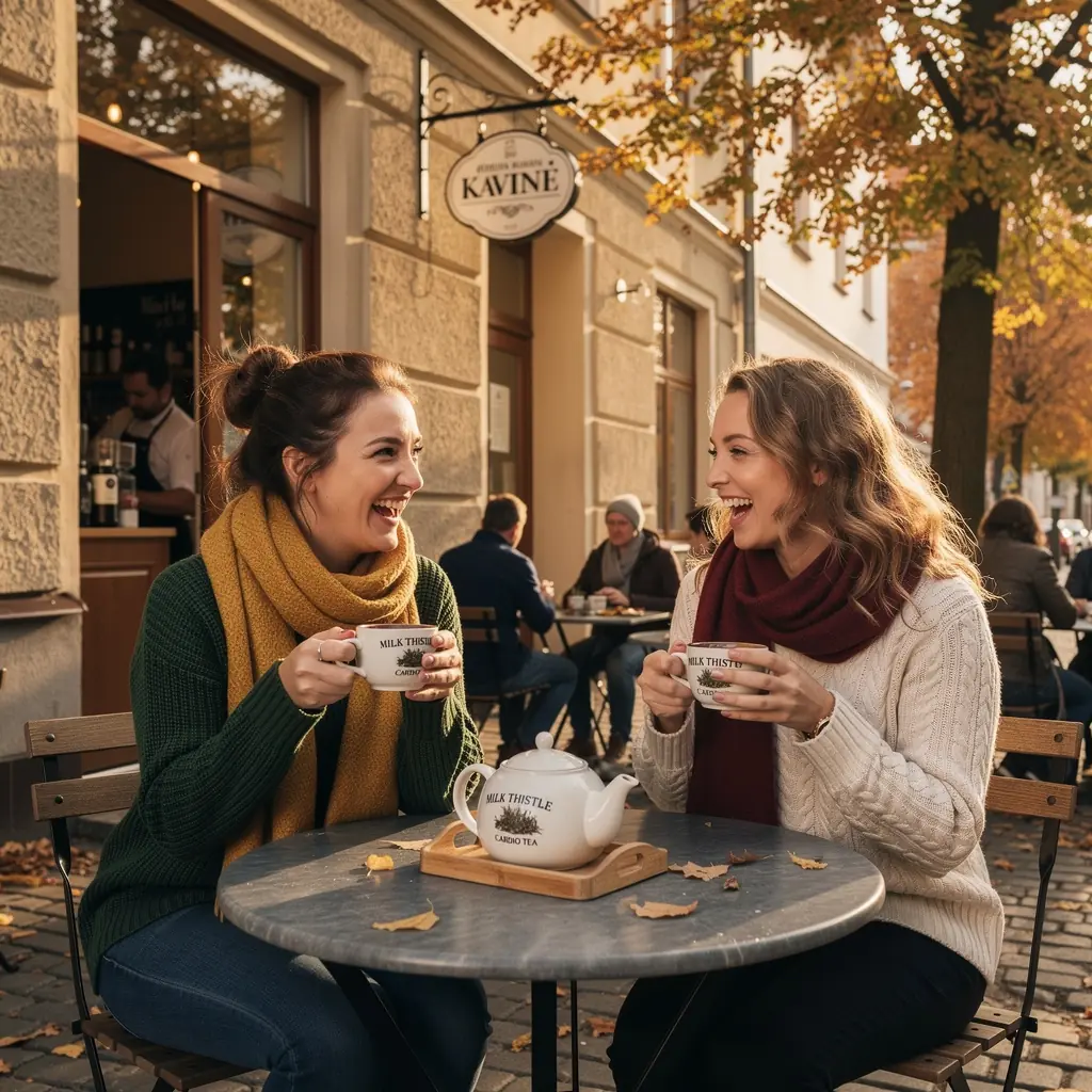 Žmogus, mėgaujantis puodeliu pieno usnio arbatos, atsipalaiduoja gamtos apsuptyje.