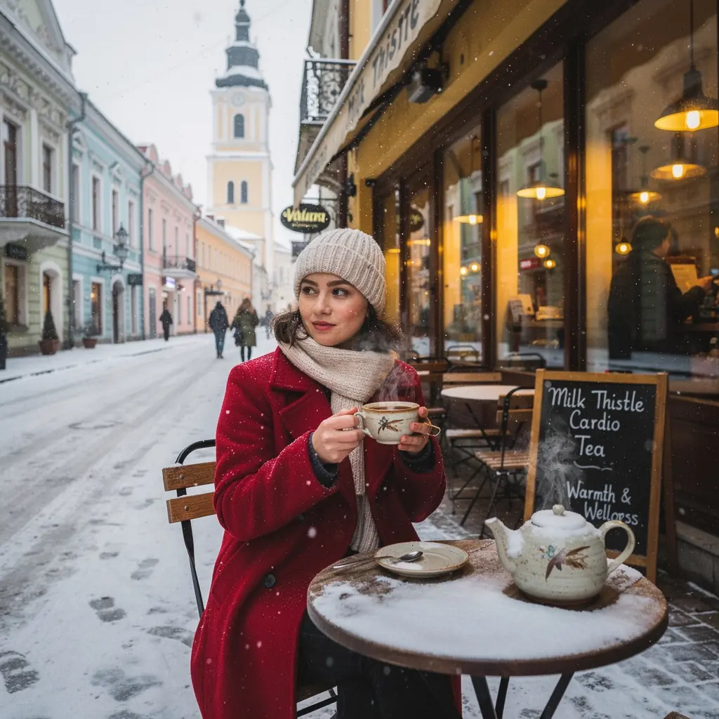 Raminantis vaizdas su arbatos puodeliu ir natūraliais ingredientais ant šviesios plokštės.